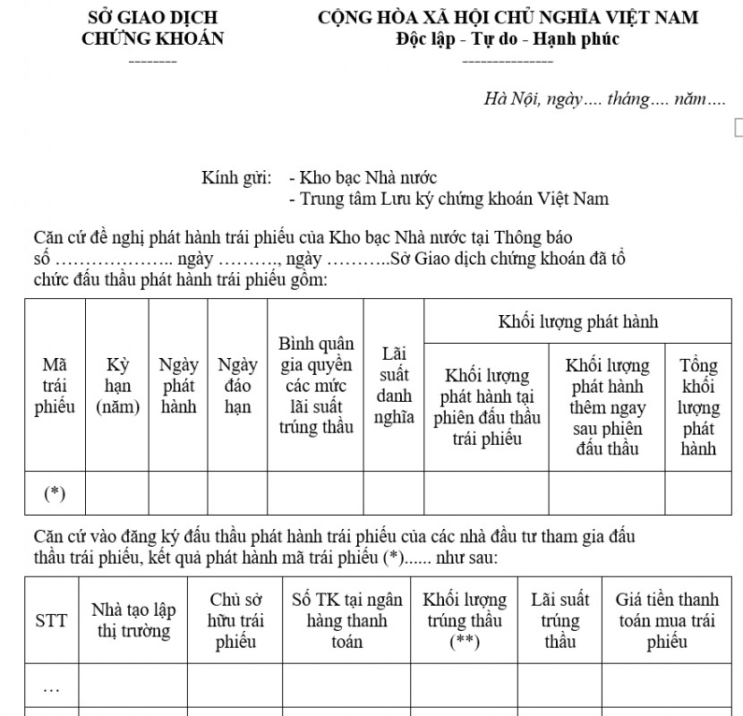 Mẫu thông báo kết quả đấu thầu trái phiếu
