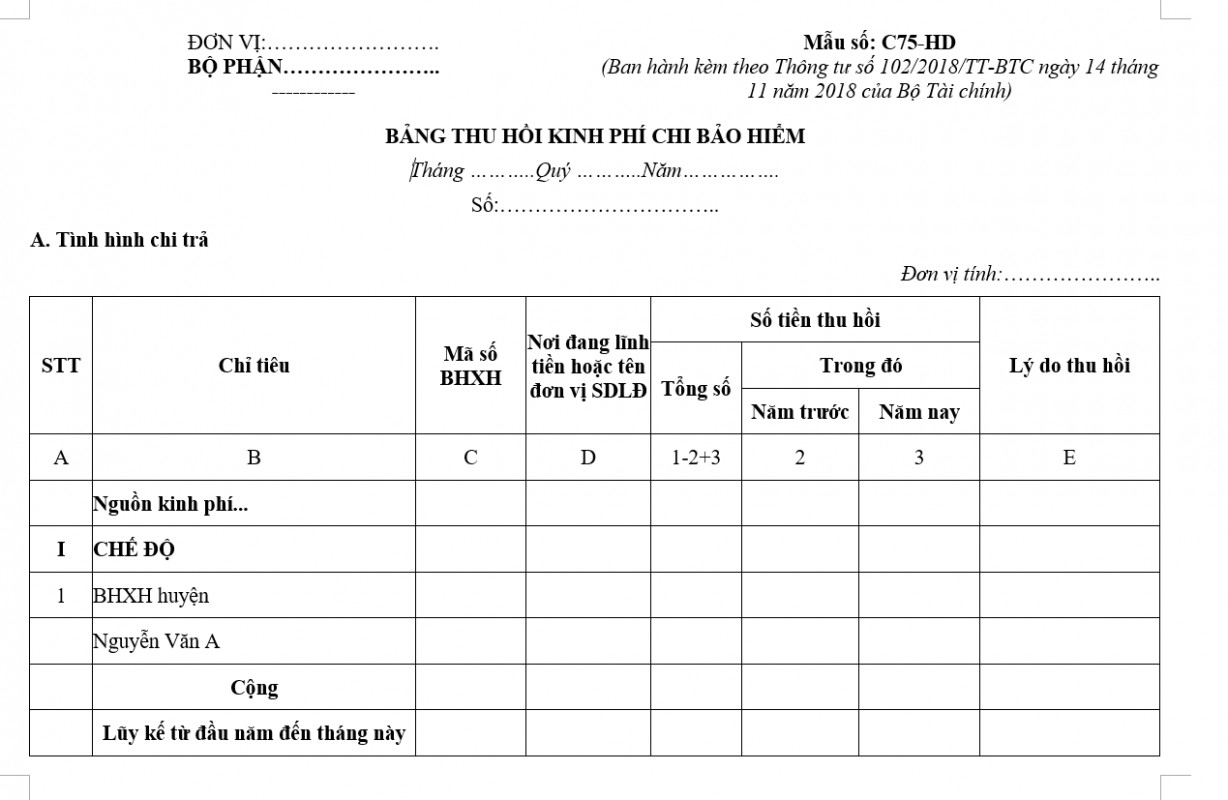 Mẫu số C75-HD: Bảng thu hồi kinh phí chi bảo hiểm