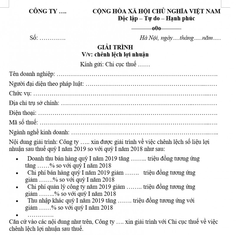 Mẫu giải trình về việc chênh lệch lợi nhuận