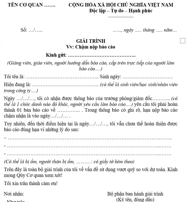 Mẫu giải trình chậm nộp báo cáo