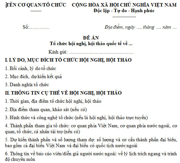 Mẫu đề án tổ chức hội nghị, hội thảo quốc tế