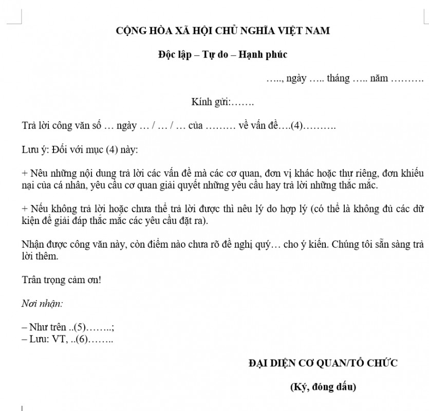 Mẫu công văn trả lời