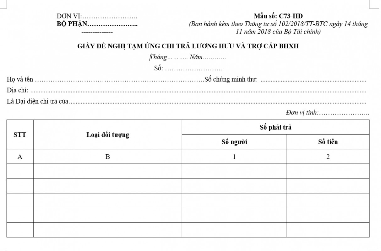 Giấy đề nghị tạm ứng chi trả lương hưu và trợ cấp BHXH