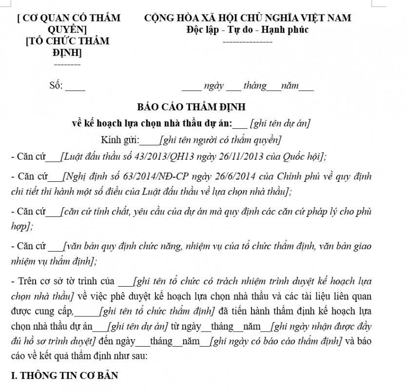 Mẫu báo cáo thẩm định về kế hoạch lựa chọn nhà thầu