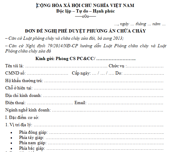 Mẫu đơn đề nghị phê duyệt phương án chữa cháy