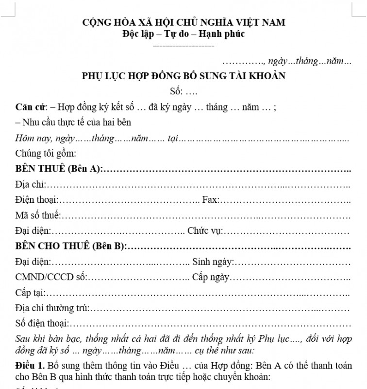 Mẫu phụ lục hợp đồng bổ sung tài khoản