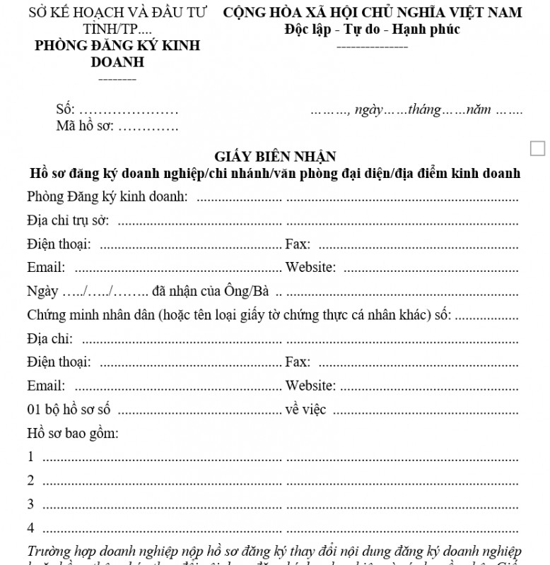 Mẫu giấy biên nhận hồ sơ đăng ký doanh nghiệp