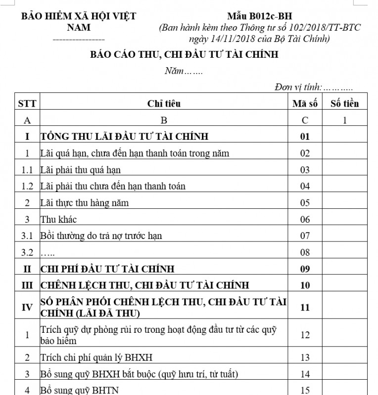 Mẫu B12c-BH: Báo cáo thu, chi đầu tư tài chính