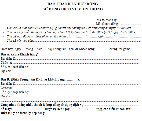 Mẫu thanh lý hợp đồng dịch vụ Viễn thông