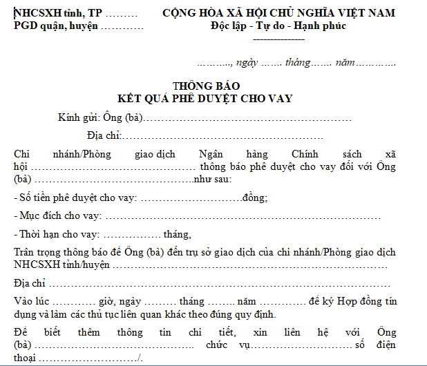 Mẫu thông báo kết quả phê duyệt cho vay
