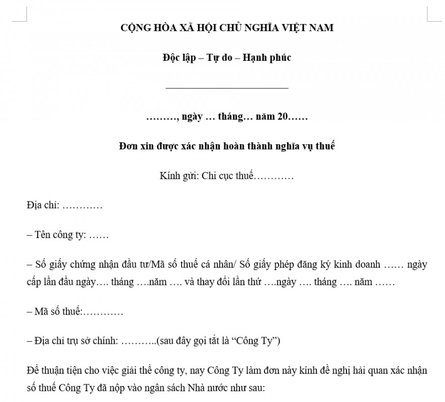 Mẫu đơn xác nhận hoàn thành nghĩa vụ thuế