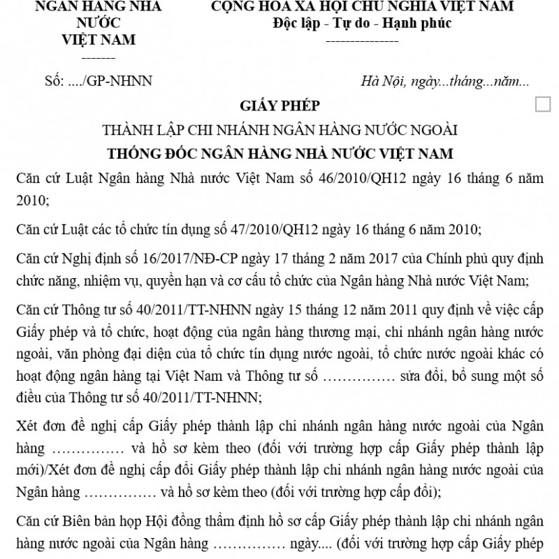 Mẫu giấy phép thành lập chi nhánh ngân hàng nước ngoài