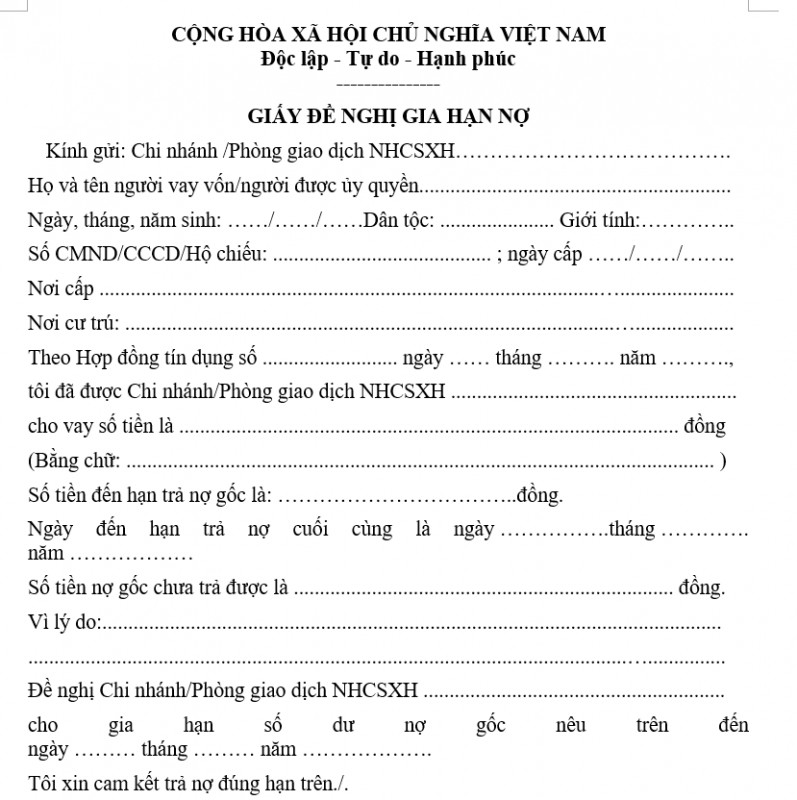 Mẫu giấy đề nghị gia hạn nợ mới