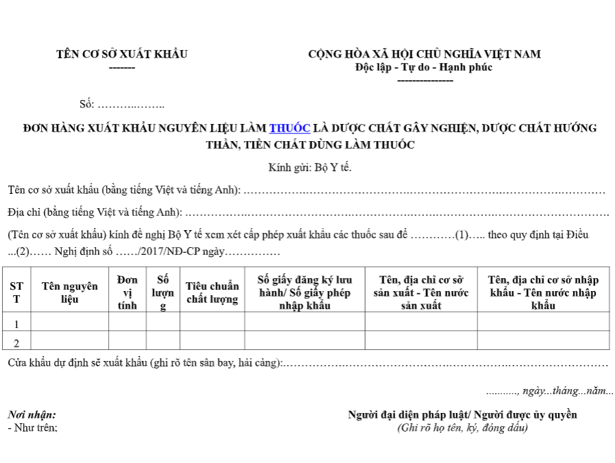 Mẫu đơn hàng xuất khẩu nguyên liệu làm thuốc