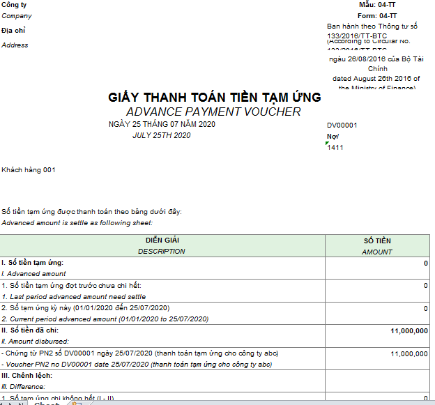 Mẫu giấy thanh toán tiền tạm ứng theo TT 133 ( Song ngữ )