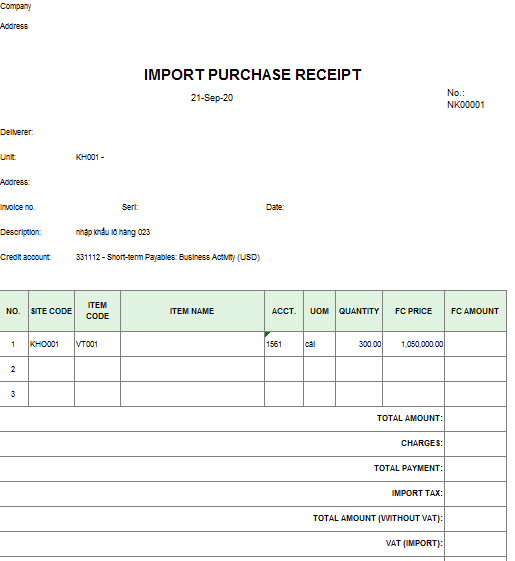 Mẫu phiếu nhập mua nhập khẩu ( TIẾNG ANH - Ngoại tệ )