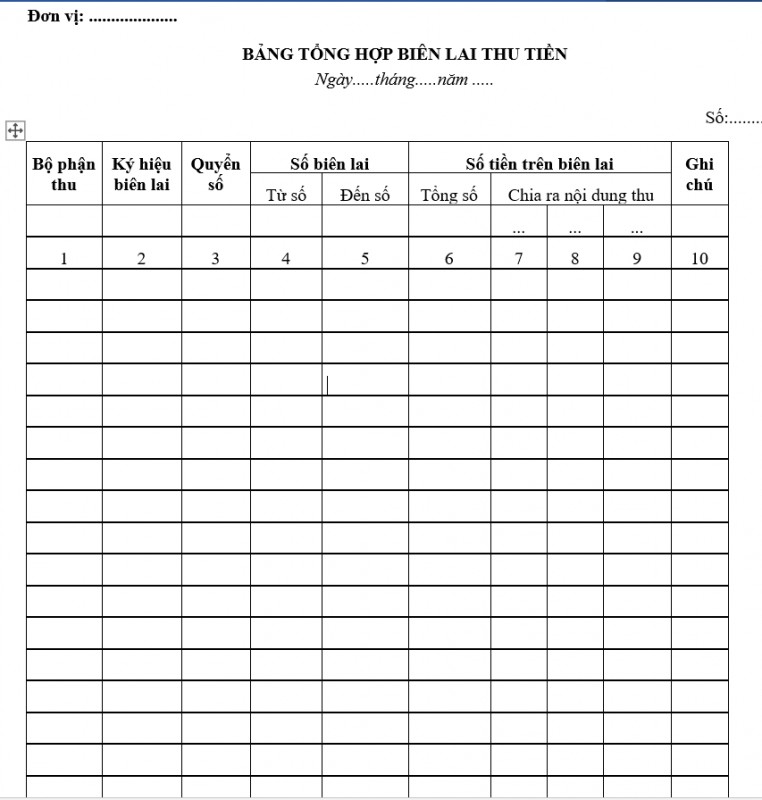 Mẫu bảng tổng hợp biên lai thu tiền