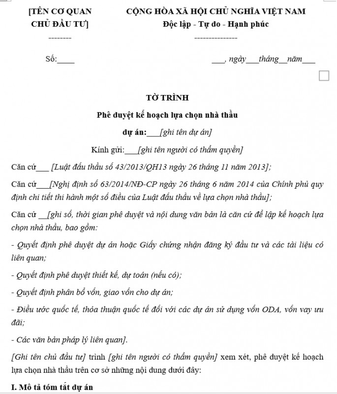 Mẫu tờ trình phê duyệt kế hoạch đấu thầu