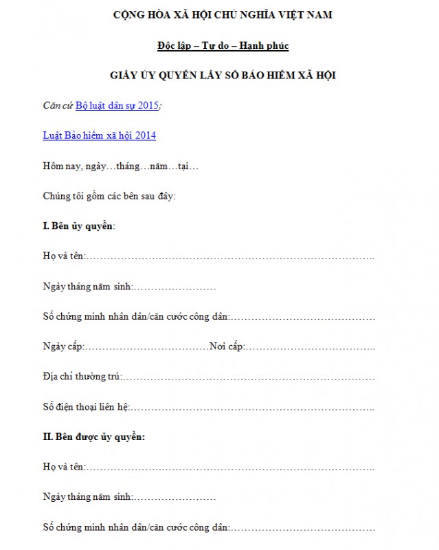 Mẫu giấy uỷ quyền lấy sổ bảo hiểm xã hội