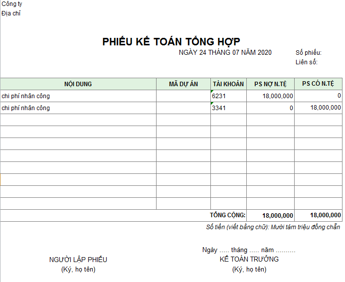 Mẫu phiếu kế toán ( Ngoại tệ )