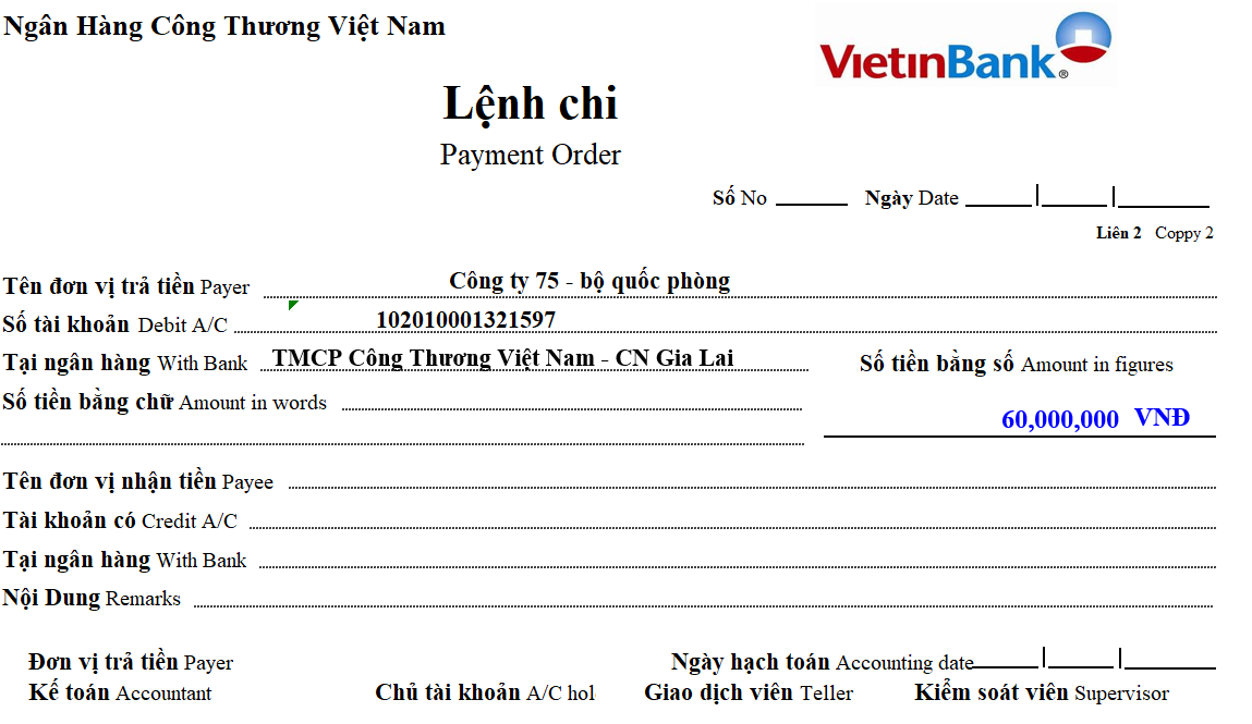 Mẫu giấy ủy nhiệm chi ngân hàng Vietinbank