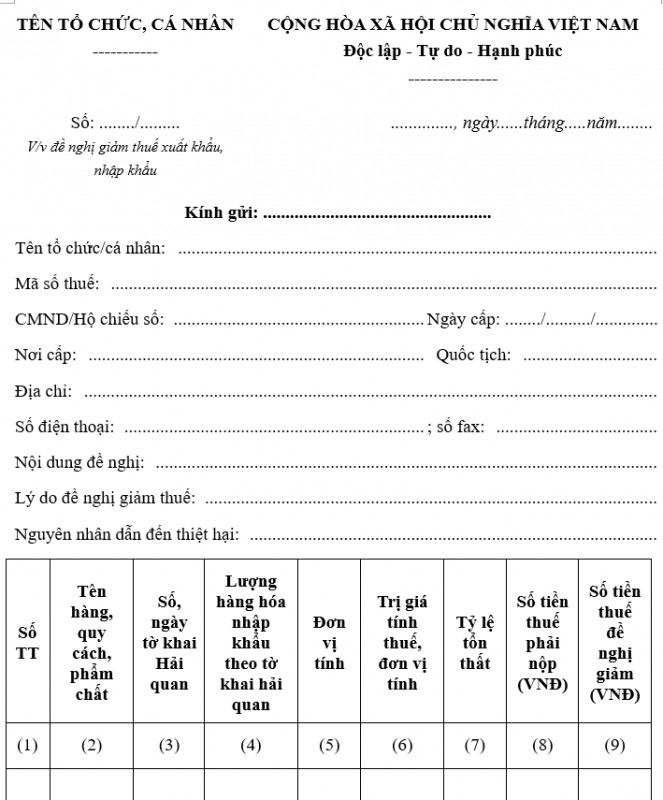 Mẫu đơn đề nghị giảm thuế xuất khẩu, nhập khẩu
