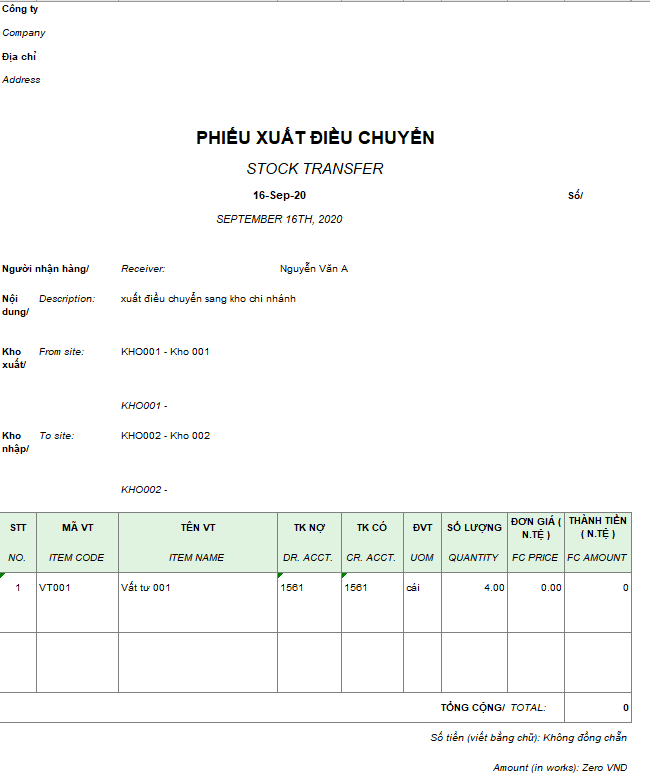 Mẫu phiếu xuất điều chuyển ( Song ngữ - Ngoại tệ )