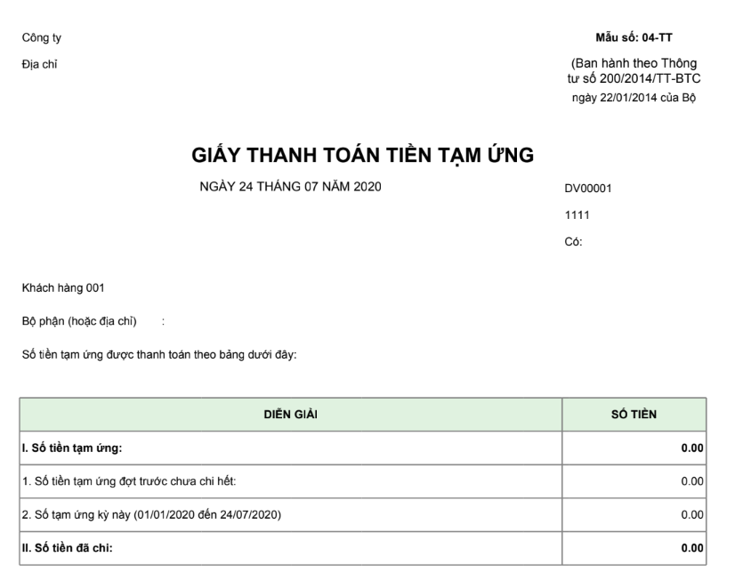 Mẫu giấy thanh toán tiền tạm ứng theo TT 200