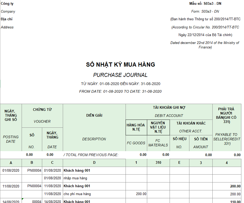 Mẫu sổ nhật ký mua hàng ( Song ngữ - Ngoại tệ ) theo TT200