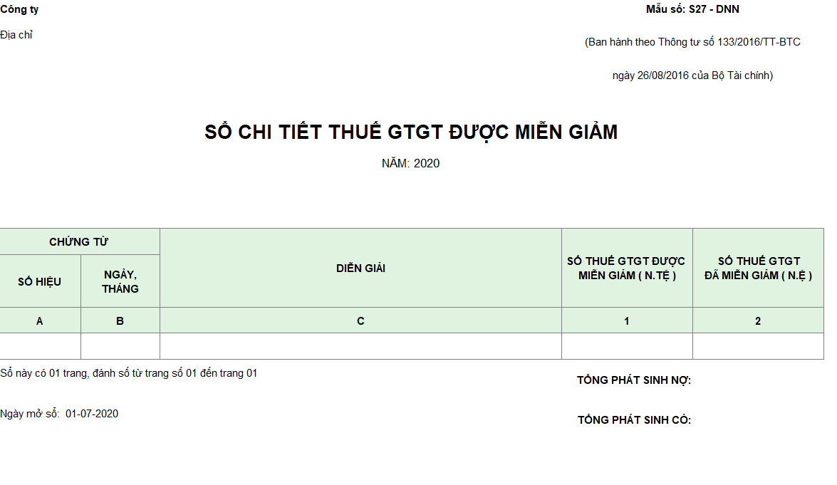 Mẫu sổ chi tiết thuế GTGT được miễn giảm ( Ngoại tệ ) theo TT 133