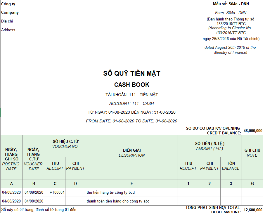 Mẫu sổ quỹ tiền mặt theo TT 133 ( Song ngữ - Ngoại tệ )