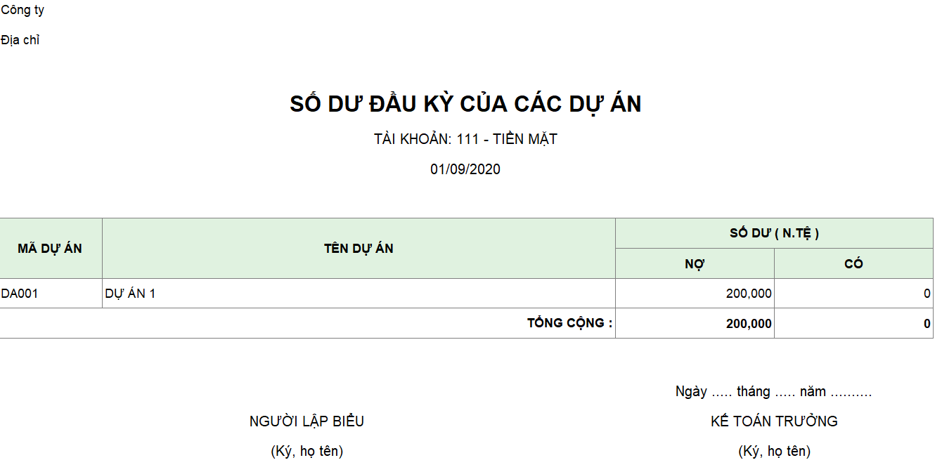Mẫu số dư đầu kỳ của các dự án ( Ngoại tệ )
