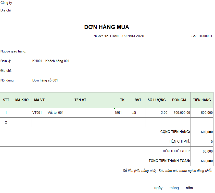 Mẫu đơn hàng mua