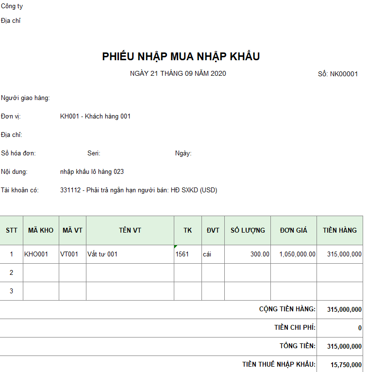Mẫu phiếu nhập mua nhập khẩu