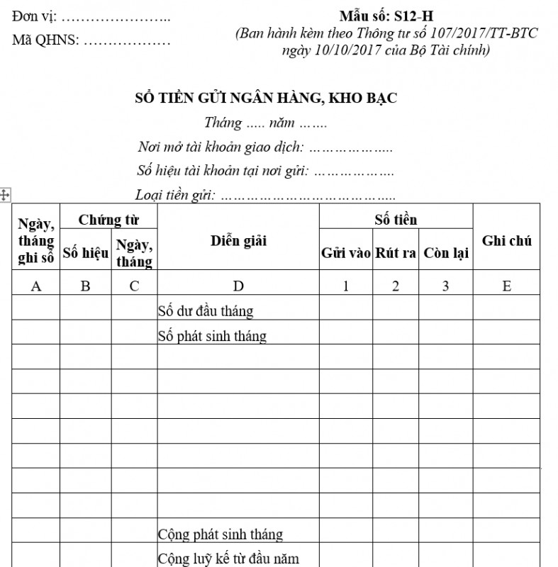 Mẫu S12-H: Sổ tiền gửi ngân hàng, kho bạc