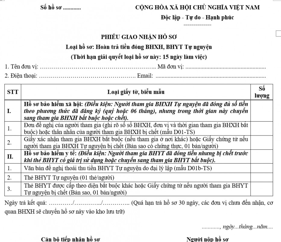 Mẫu phiếu hoàn trả tiền đóng BHXH, BHYT tự nguyện