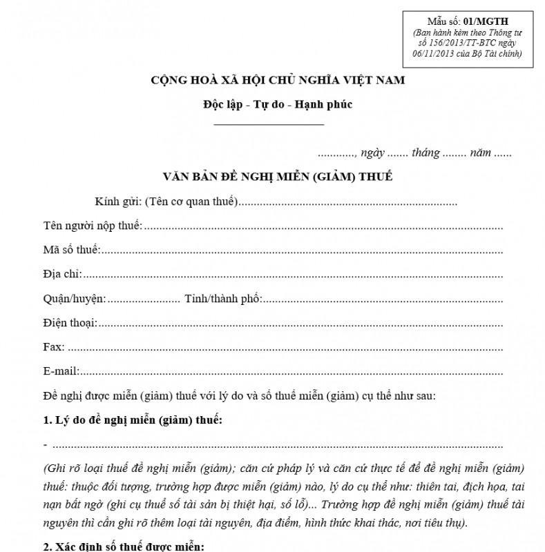 Mẫu văn bản đề nghị miễn giảm thuế số 01/MGTH