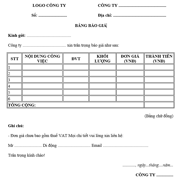 Mẫu bảng báo giá thi công xây dựng