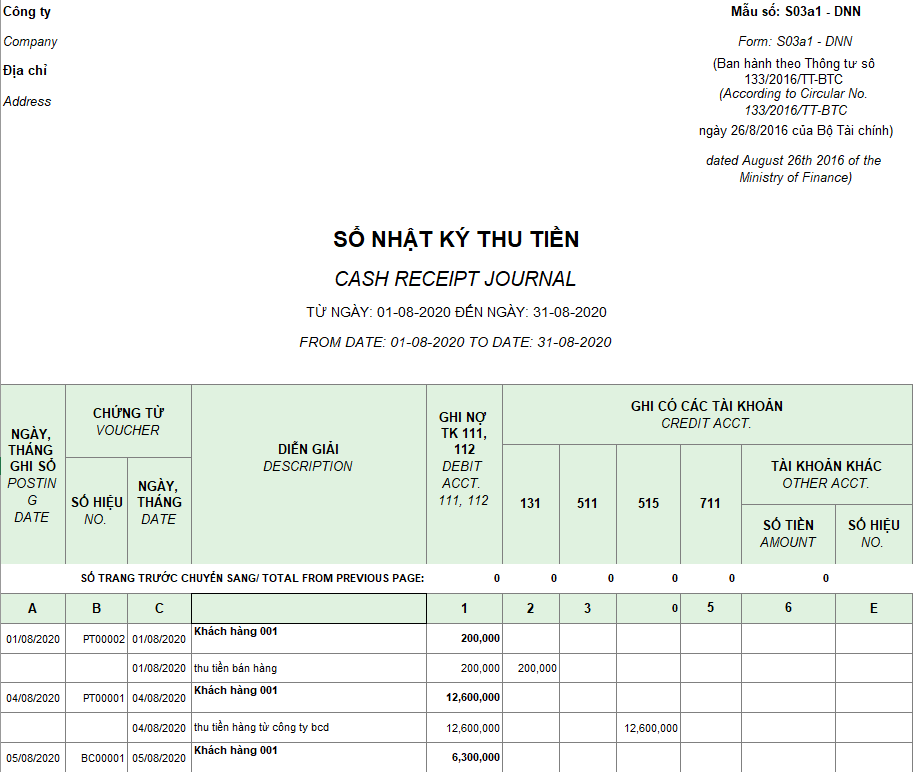 Mẫu sổ nhật ký thu tiền ( Song ngữ ) theo TT133