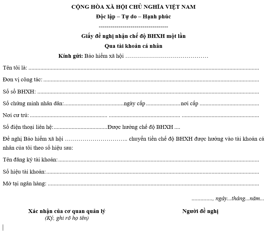 Mẫu giấy đề nghị nhận chế độ BHXH một lần qua tài khoản cá nhân