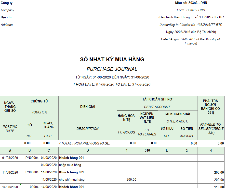 Mẫu sổ nhật ký mua hàng ( Song ngữ - Ngoại tệ) theo TT133