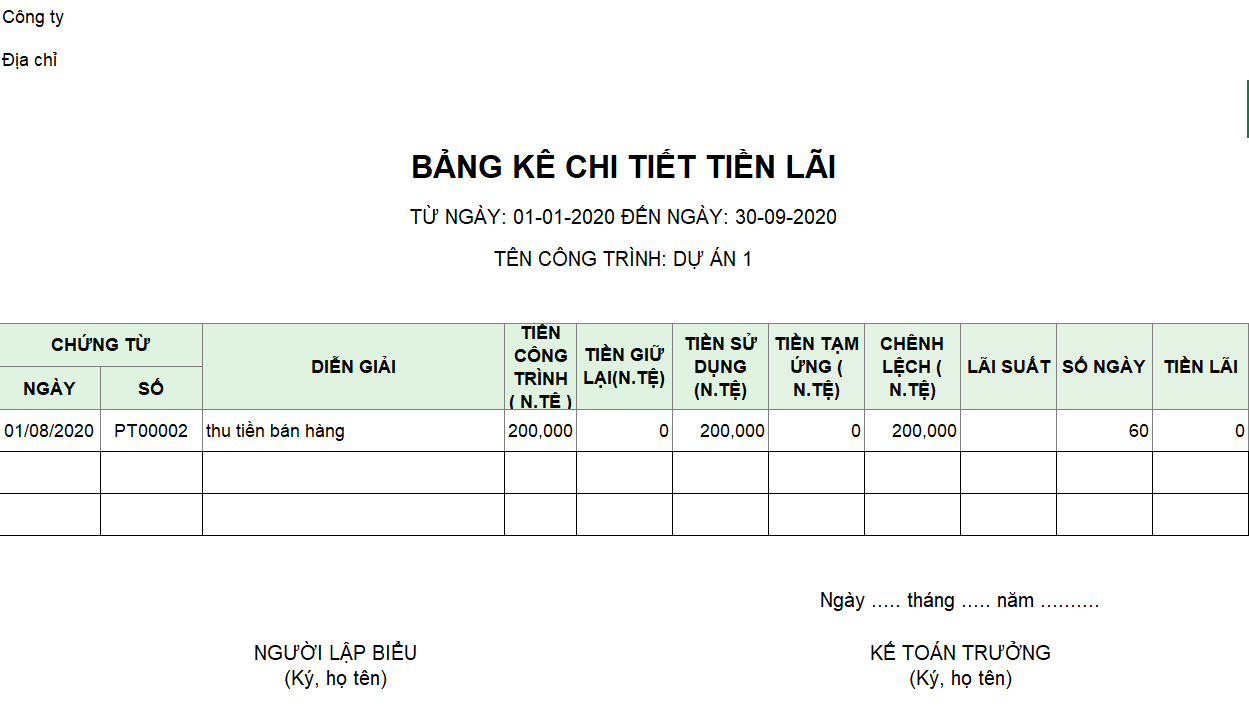 Mẫu bảng kê chi tiết tiền lãi ( Ngoại tệ )