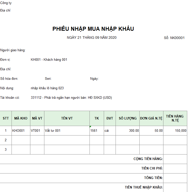 Mẫu phiếu nhập mua nhập khẩu ( Ngoại tệ )