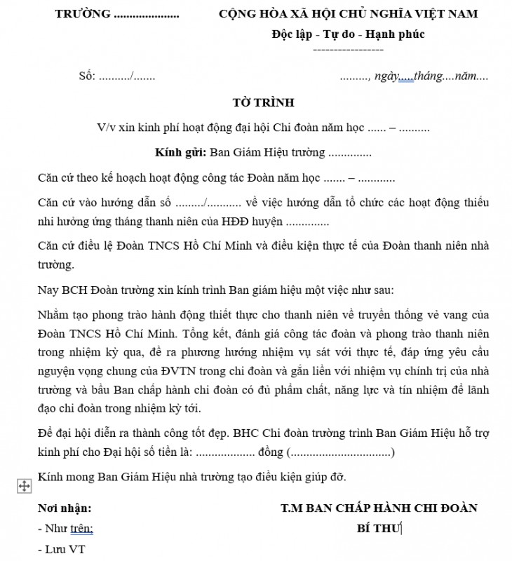 Mẫu tờ trình xin kinh phí hoạt động