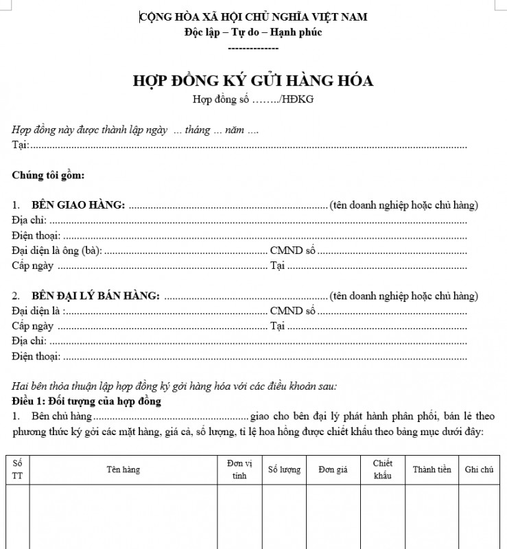 Hợp đồng ký gửi hàng hóa