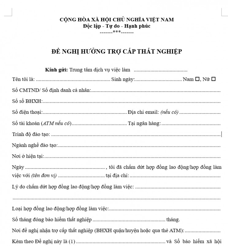 Mẫu đơn đề nghị hưởng bảo hiểm thất nghiệp