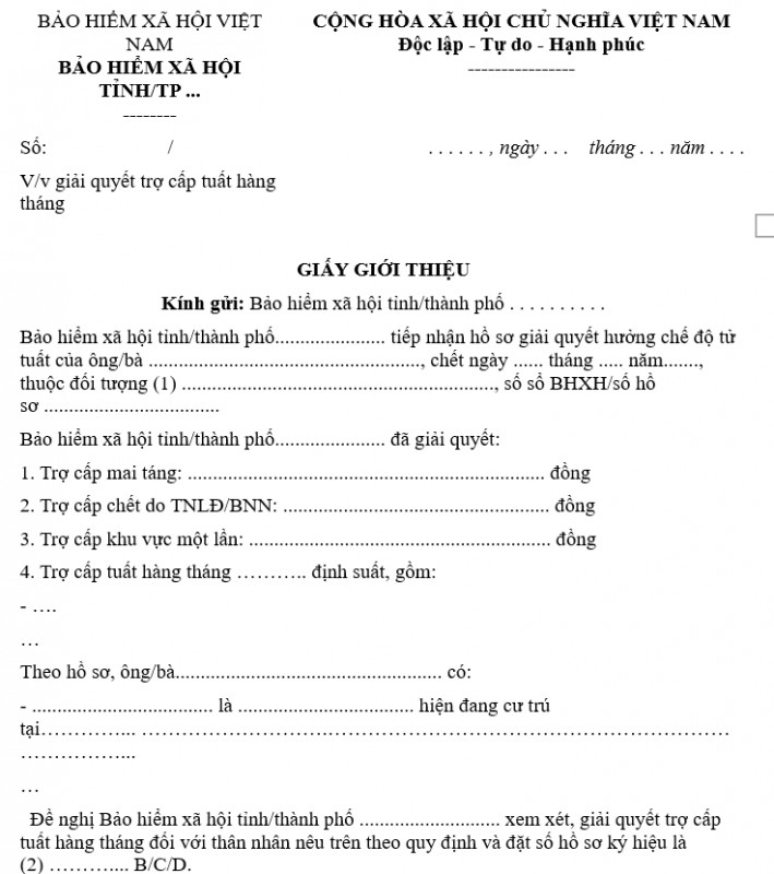 Mẫu giấy giới thiệu chuyển hồ sơ chờ hưởng lương hưu, trợ cấp hàng tháng