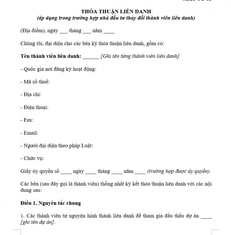 Mẫu đấu thầu thỏa thuận liên danh