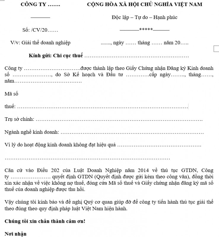 Mẫu Công văn giải thể doanh nghiệp