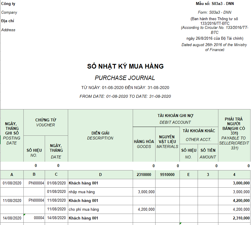 Mẫu sổ nhật ký mua hàng ( Song ngữ ) theo TT133